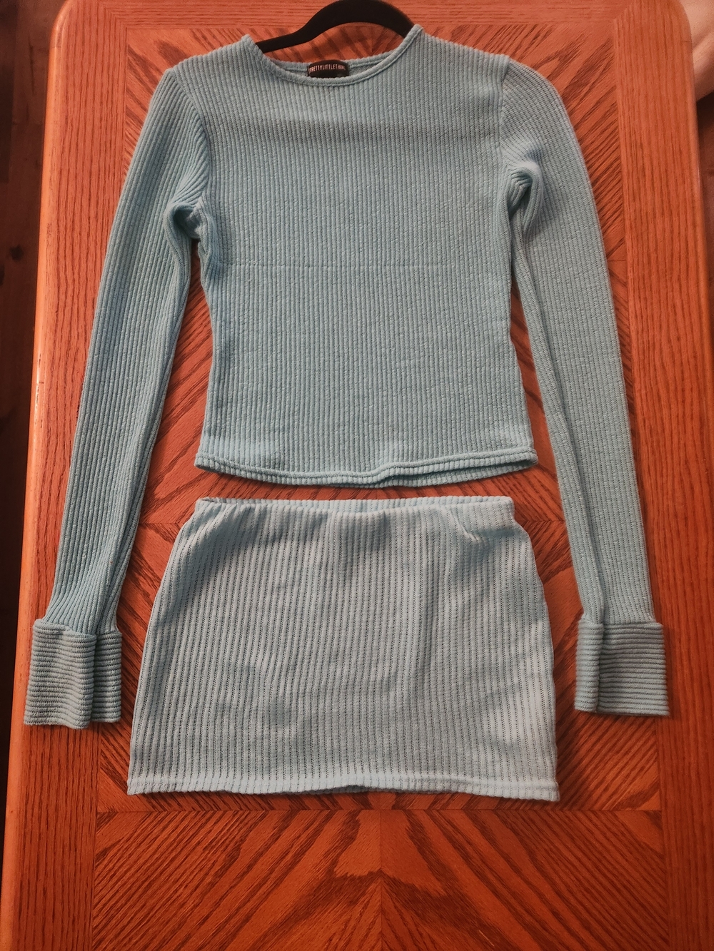 Light Blue Ribbed Long-Sleeve Sweater Top And Matching Skirt